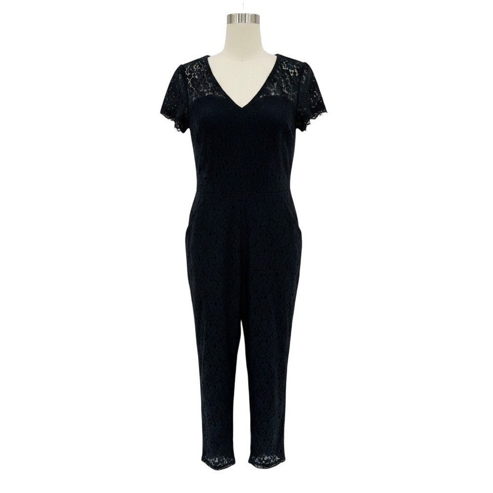 Black Floral Lace Jumpsuit L V-Neck Short Sleeve Romantic Goth Holiday Cocktail